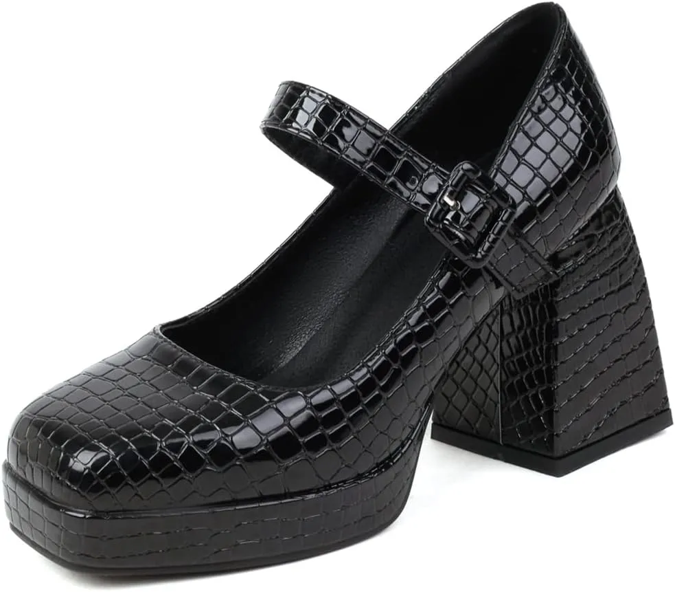 YIYA Women's Chunky Heels Platform Mary Jane Shoes Adjustable Ankle Strap Star Buckle Square Toe Block High Heel Dress Pumps Shoes
