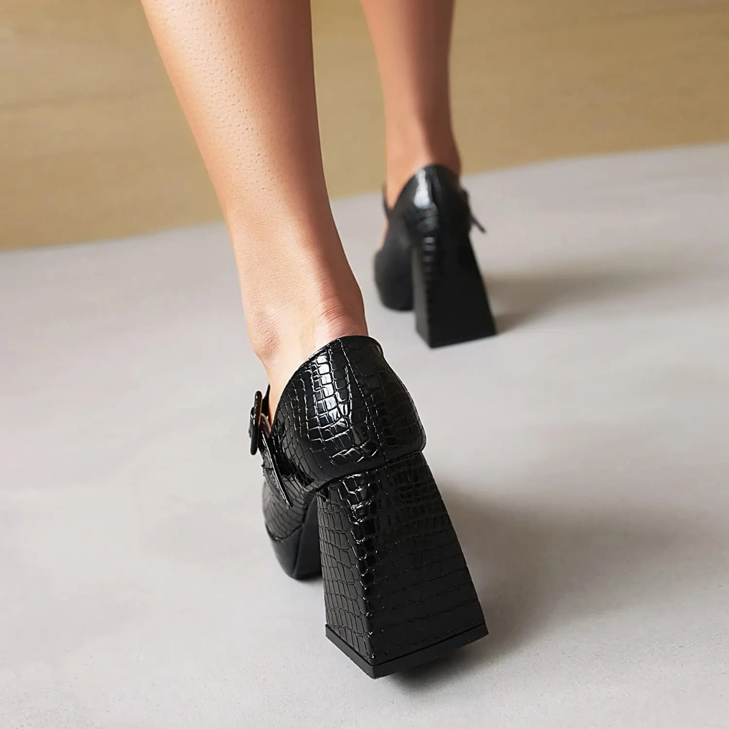 YIYA Women's Chunky Heels Platform Mary Jane Shoes Adjustable Ankle Strap Star Buckle Square Toe Block High Heel Dress Pumps Shoes