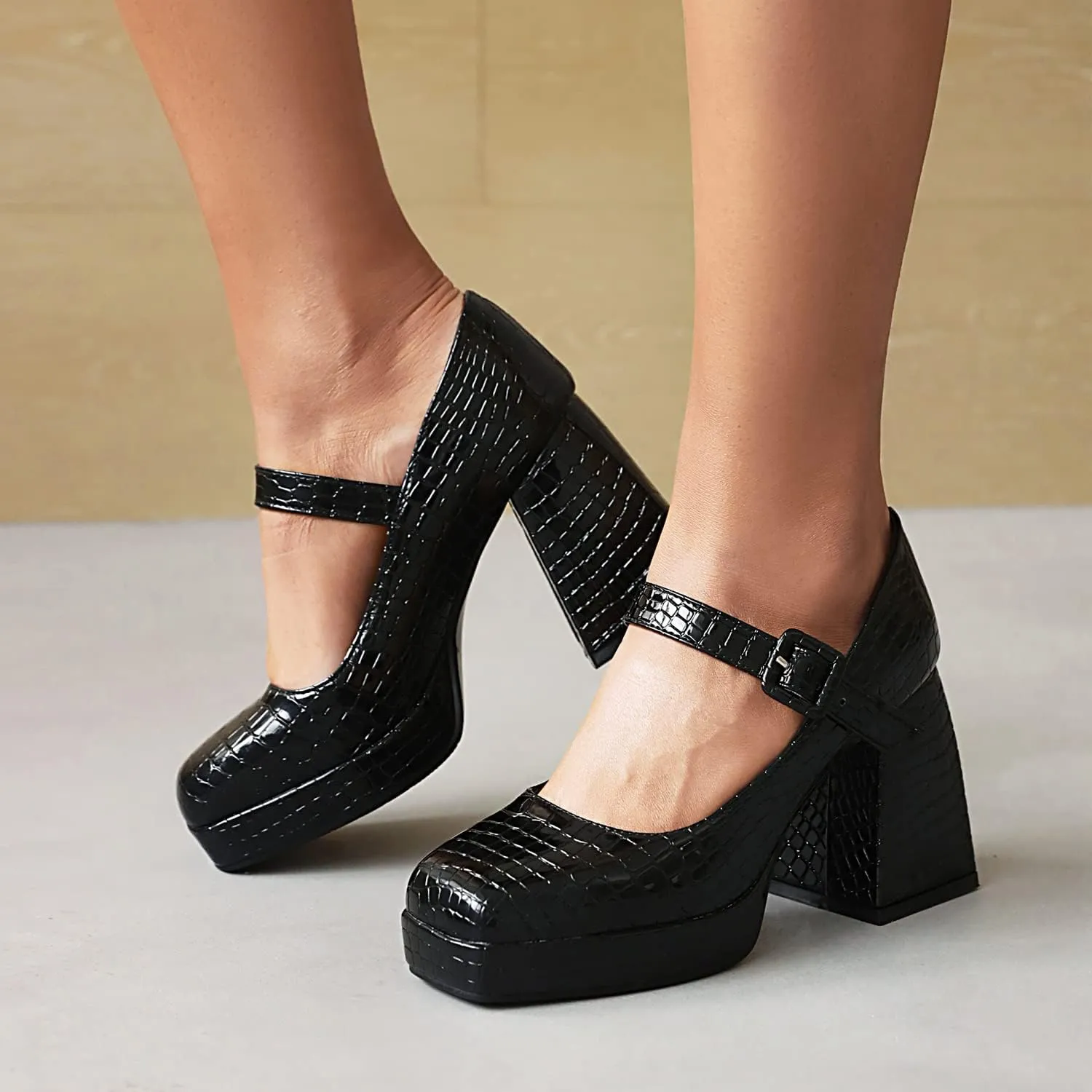 YIYA Women's Chunky Heels Platform Mary Jane Shoes Adjustable Ankle Strap Star Buckle Square Toe Block High Heel Dress Pumps Shoes