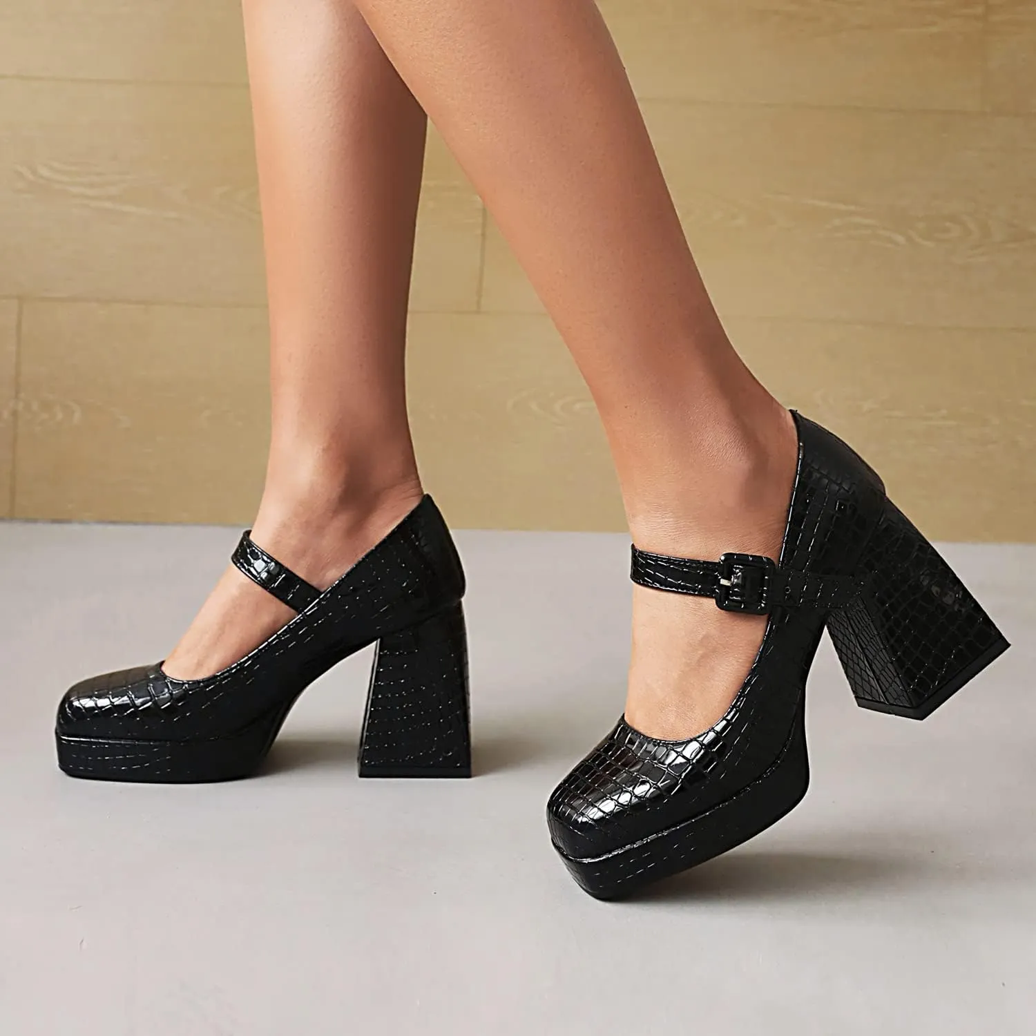 YIYA Women's Chunky Heels Platform Mary Jane Shoes Adjustable Ankle Strap Star Buckle Square Toe Block High Heel Dress Pumps Shoes
