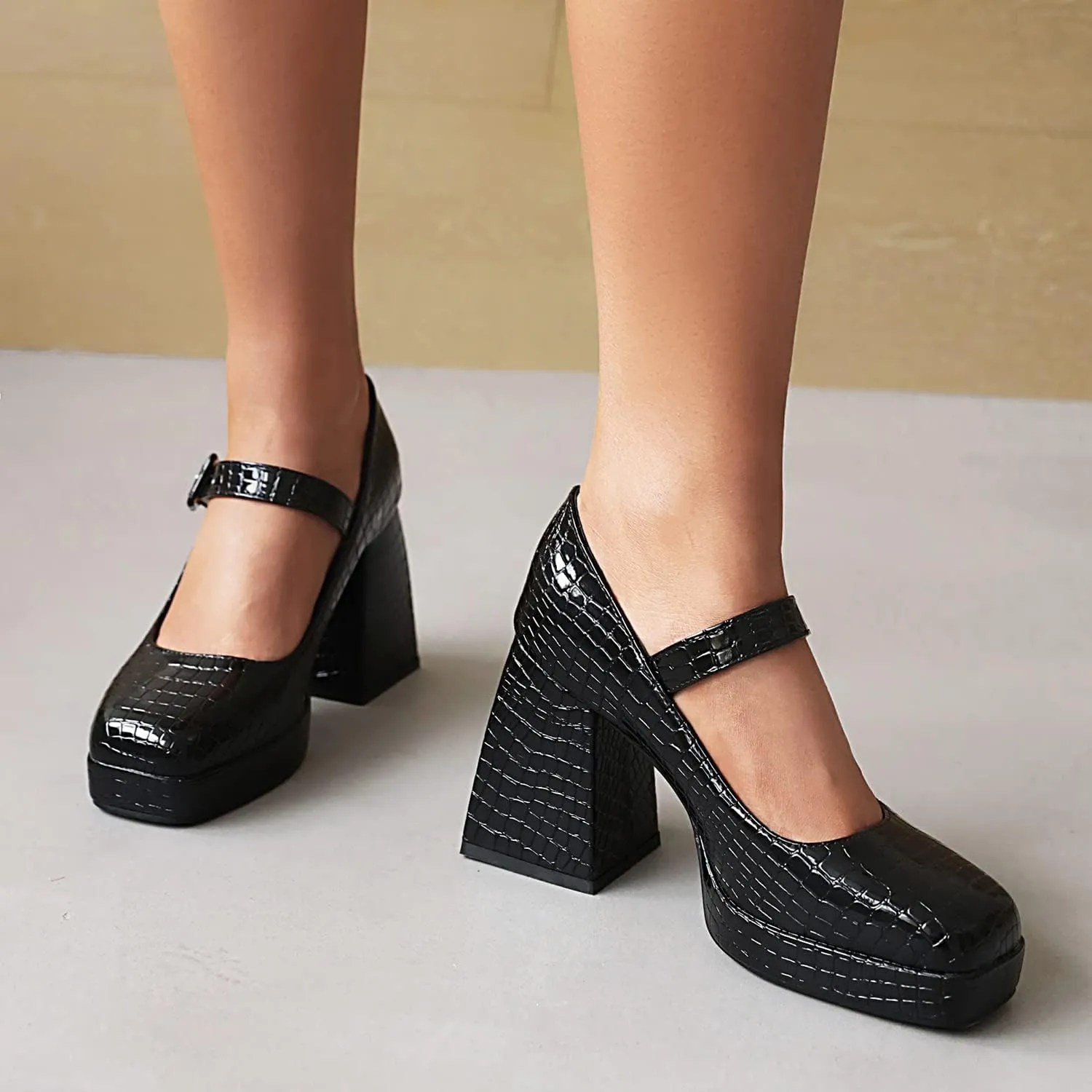 YIYA Women's Chunky Heels Platform Mary Jane Shoes Adjustable Ankle Strap Star Buckle Square Toe Block High Heel Dress Pumps Shoes